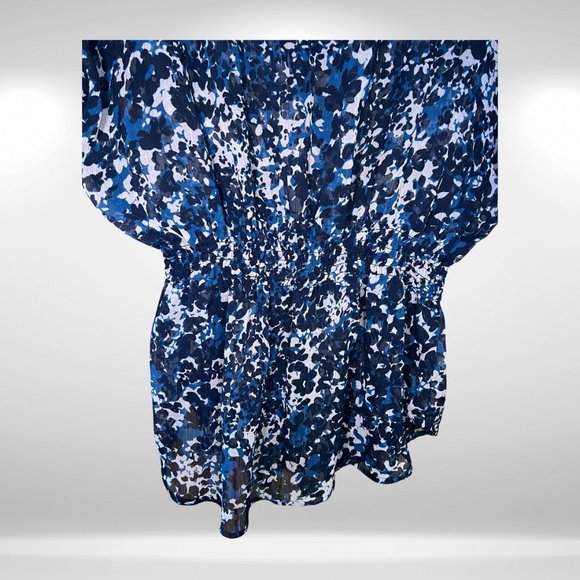 Express Black Floral V-neck Sheer Elastic Cinch Waist Short Sleeve Flowy Blouse - Picture 4 of 5